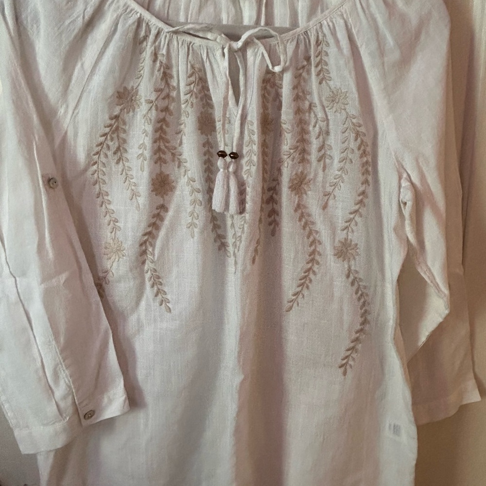 J. Jill Cream Art-to-Wear Peasant Blouse with Floral Embroidery - S - Like New